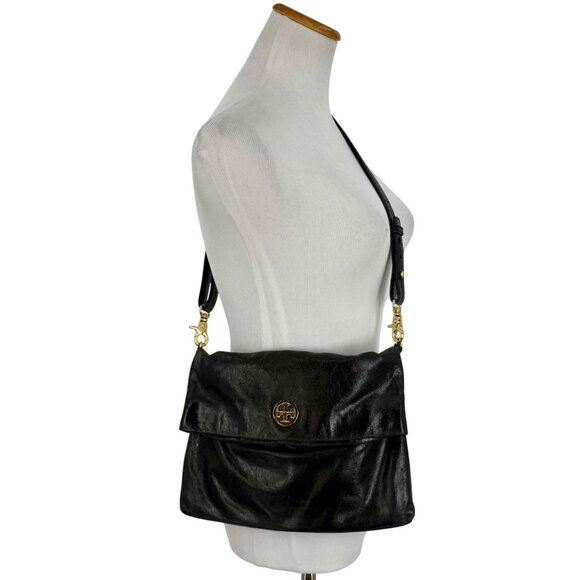 Tory Burch Black Leather Fold-Over Adjustable Strap Gold Tone Logo Crossbody Bag - Picture 3 of 16